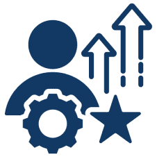 Icon of a person with a gear, star, and upward arrows, symbolizing growth and achievement.