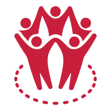 Red abstract figures holding hands in a circle with a dashed outline.