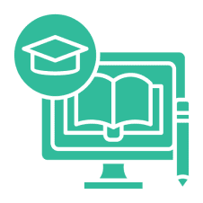 Icon of a computer monitor with an open book, pencil, and graduation cap symbol, representing online education or e-learning.