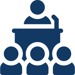 Icon of a person speaking at a podium with an audience of three people in front.