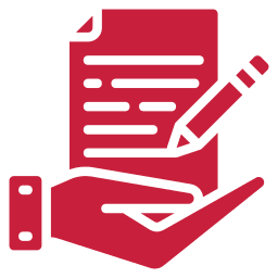 Red icon of a hand holding a document with lines of text, next to a pencil.