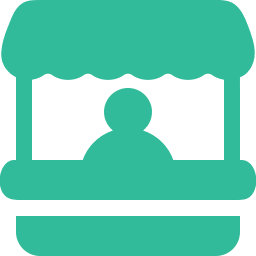 Icon of a person under a market stall canopy, depicted in monochrome teal.