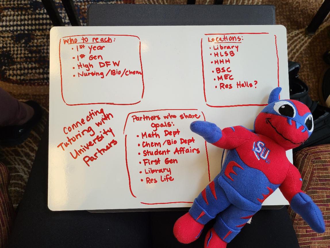 Whiteboard notes with a red mascot toy.