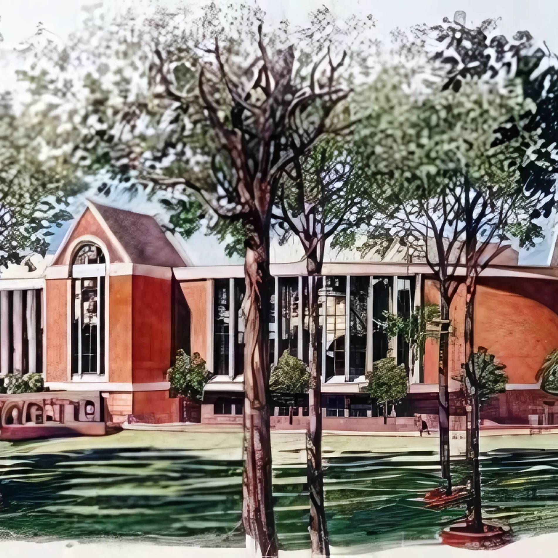 ACTP A painting of the front of a building with trees in the foreground.